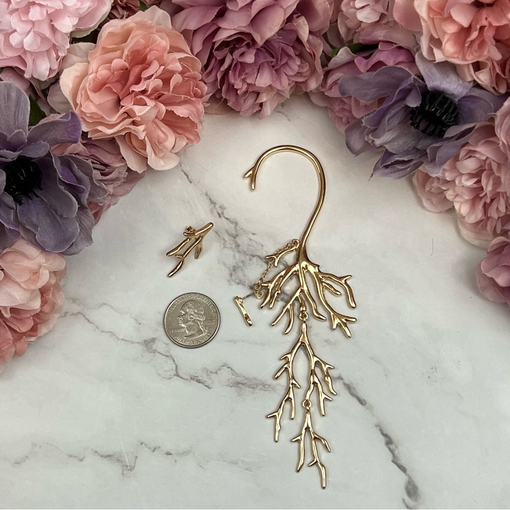 Boho Punk Asymmetric Long Dangling Gold Branch Cuff Earring - Picture 13 of 14